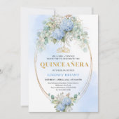 Elegant Blue Hydrangeas Gold Quinceañera Invite 招待状 (正面)