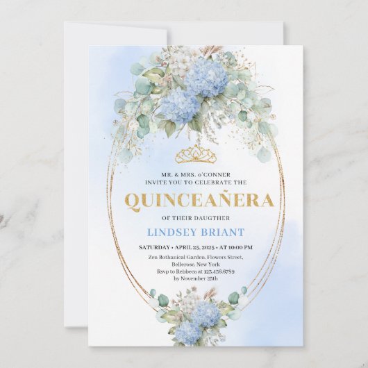 Elegant Blue Hydrangeas Gold Quinceañera Invite 招待状 (正面)