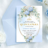 Elegant Blue Hydrangeas Gold Quinceañera Invite 招待状