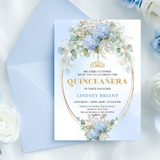 Elegant Blue Hydrangeas Gold Quinceañera Invite 招待状
