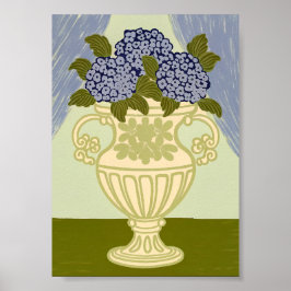 Elegant Blue Hydrangeas in Classical Golden Urn  ポスター