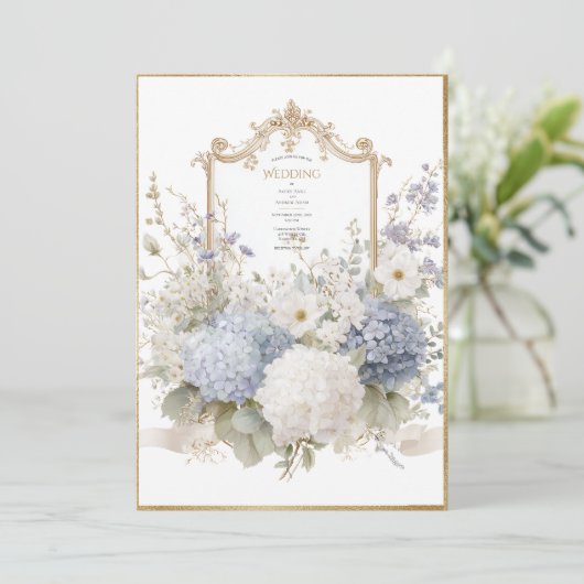 Elegant Blue Hydrangeas Vintage Wedding 招待状 (スタンド正面)