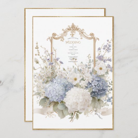 Elegant Blue Hydrangeas Vintage Wedding 招待状 (正面/裏面)