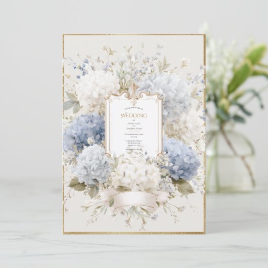 Elegant Blue Hydrangeas Vintage Wedding 招待状 (スタンド正面)