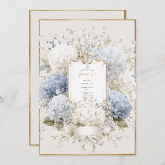 Elegant Blue Hydrangeas Vintage Wedding 招待状 (正面/裏面)