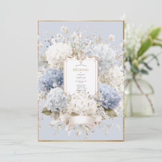 Elegant Blue Hydrangeas Vintage Wedding 招待状 (スタンド正面)