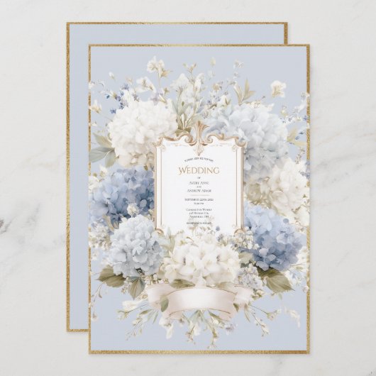 Elegant Blue Hydrangeas Vintage Wedding 招待状 (正面/裏面)