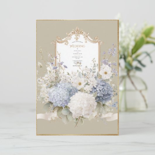 Elegant Blue Hydrangeas Vintage Wedding 招待状 (スタンド正面)