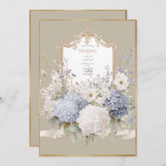 Elegant Blue Hydrangeas Vintage Wedding 招待状 (正面/裏面)