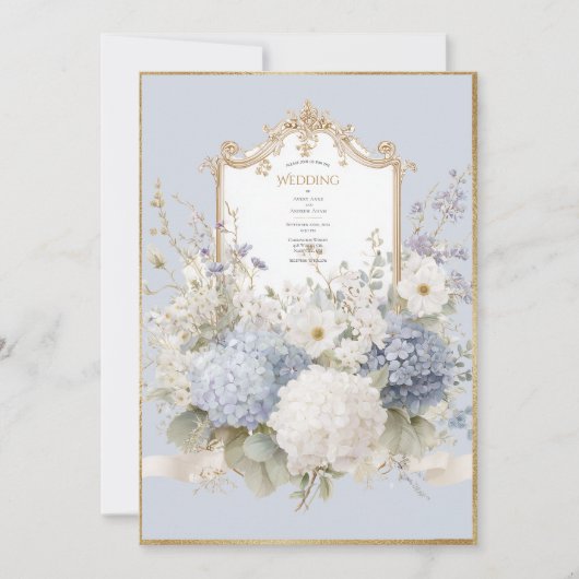 Elegant Blue Hydrangeas Vintage Wedding 招待状 (正面)