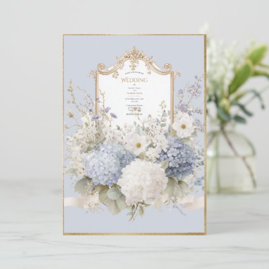 Elegant Blue Hydrangeas Vintage Wedding 招待状 (スタンド正面)