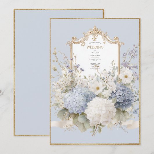 Elegant Blue Hydrangeas Vintage Wedding 招待状 (正面/裏面)