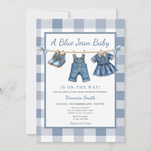Elegant Blue Jean Clothesline Denim Baby Shower 招待状 (正面)