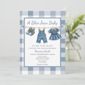 Elegant Blue Jean Clothesline Denim Baby Shower 招待状 (スタンド正面)