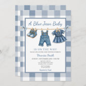 Elegant Blue Jean Clothesline Denim Baby Shower 招待状 (正面/裏面)