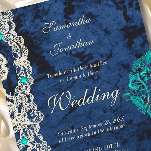 Elegant Blue Lace Baroque Luxury Wedding Design 招待状