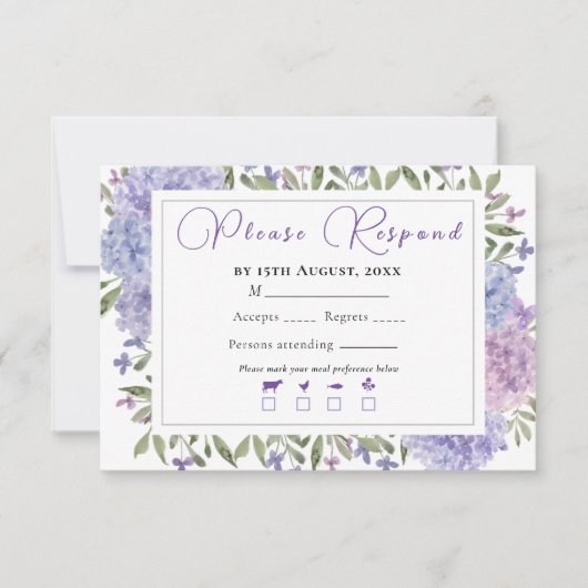 Elegant Blue Lilac Watercolor Hydrangeas Wedding 出欠カード (正面)