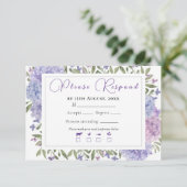 Elegant Blue Lilac Watercolor Hydrangeas Wedding 出欠カード (スタンド正面)
