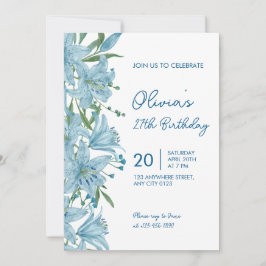 Elegant Blue Lily 27th Birthday Party Invitation 招待状