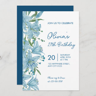 Elegant Blue Lily 27th Birthday Party Invitation 招待状