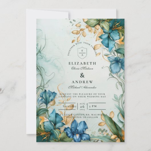 Elegant Blue Lily Botanical Wedding 招待状 (正面)
