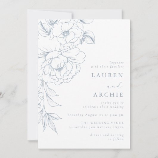 Elegant Blue Line Art Floral Wedding 招待状 (正面)