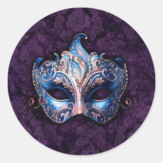 Elegant Blue Masquerade Mask ラウンドシール (正面)