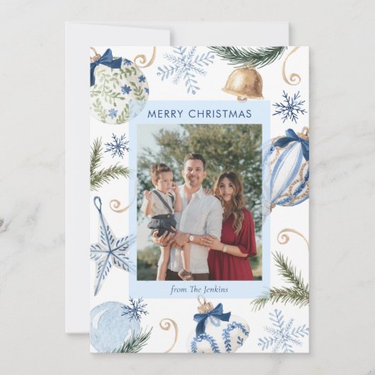Elegant Blue Merry Christmas Photo カード (正面)