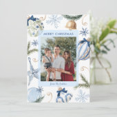 Elegant Blue Merry Christmas Photo カード (スタンド正面)