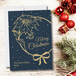 Elegant Blue Merry Christmas Poinsettia Flat シーズンカード