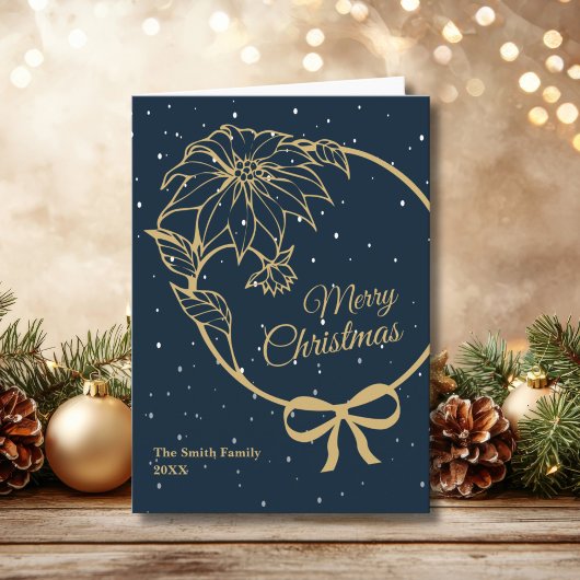 Elegant Blue Merry Christmas Poinsettia Folded シーズンカード