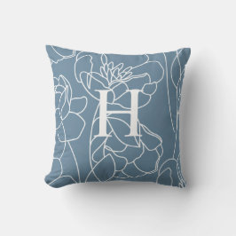 Elegant Blue Modern Wildflower Monogram Name クッション
