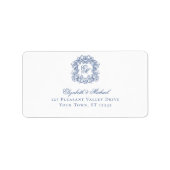 Elegant Blue Monogram Crest Wedding Address ラベル (正面)