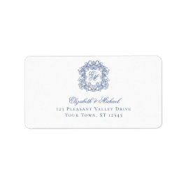 Elegant Blue Monogram Crest Wedding Address ラベル