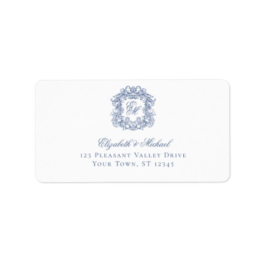 Elegant Blue Monogram Crest Wedding Address ラベル (正面)