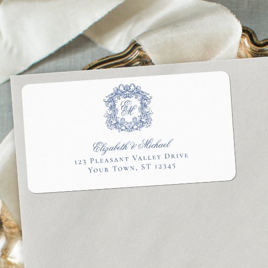 Elegant Blue Monogram Crest Wedding Address ラベル