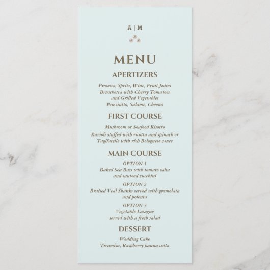 Elegant Blue Monogram Pearl Christian Wedding Menu メニュー (正面)