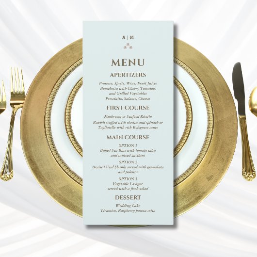 Elegant Blue Monogram Pearl Christian Wedding Menu メニュー