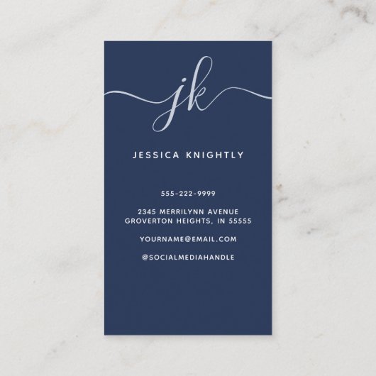 Elegant Blue Monogram Script Initials Photo 名刺 (裏面)