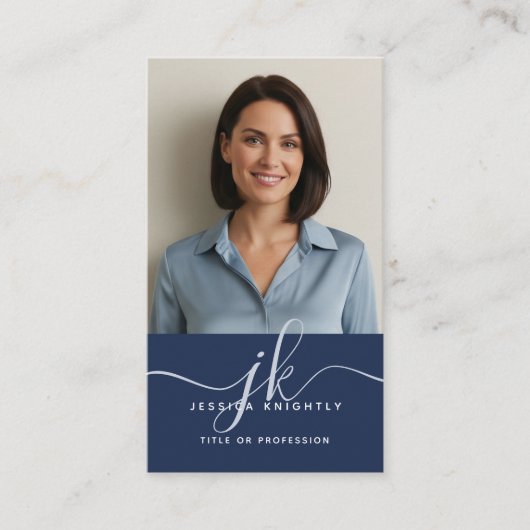 Elegant Blue Monogram Script Initials Photo 名刺 (正面)