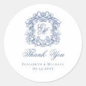 Elegant Blue Monogram Wedding Crest Thank You ラウンドシール (正面)