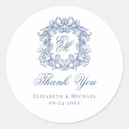 Elegant Blue Monogram Wedding Crest Thank You ラウンドシール