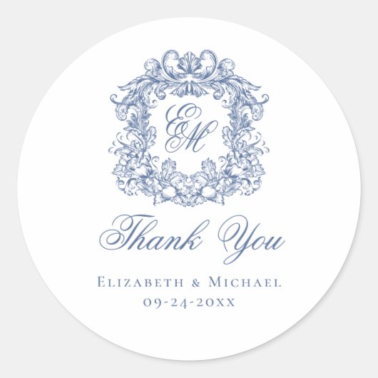 Elegant Blue Monogram Wedding Crest Thank You ラウンドシール (正面)