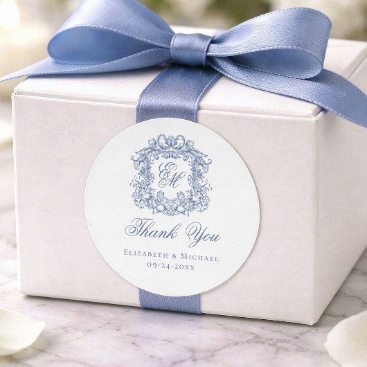 Elegant Blue Monogram Wedding Crest Thank You ラウンドシール