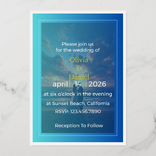 Elegant Blue Ocean Foil Wedding Invitation 箔招待状 (正面)