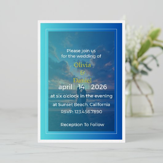 Elegant Blue Ocean Foil Wedding Invitation 箔招待状 (立ち正面)