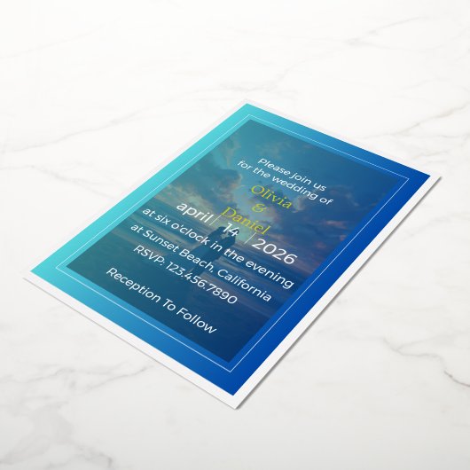 Elegant Blue Ocean Foil Wedding Invitation 箔招待状 (回転した状態)