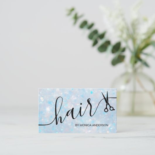 Elegant Blue Opal Glitter Hair Script Scissors 名刺 (スタンド正面)