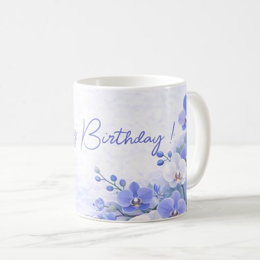 Elegant Blue Orchid Birthday Mug コーヒーマグカップ (正面右)