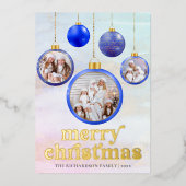 Elegant Blue Ornament Christmas Photo 箔シーズンカード (正面)